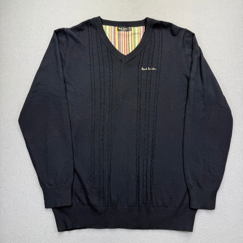Paul Smith London Cashmere Merino Wool V-Neck Sweater Black XXXL Cable Knit